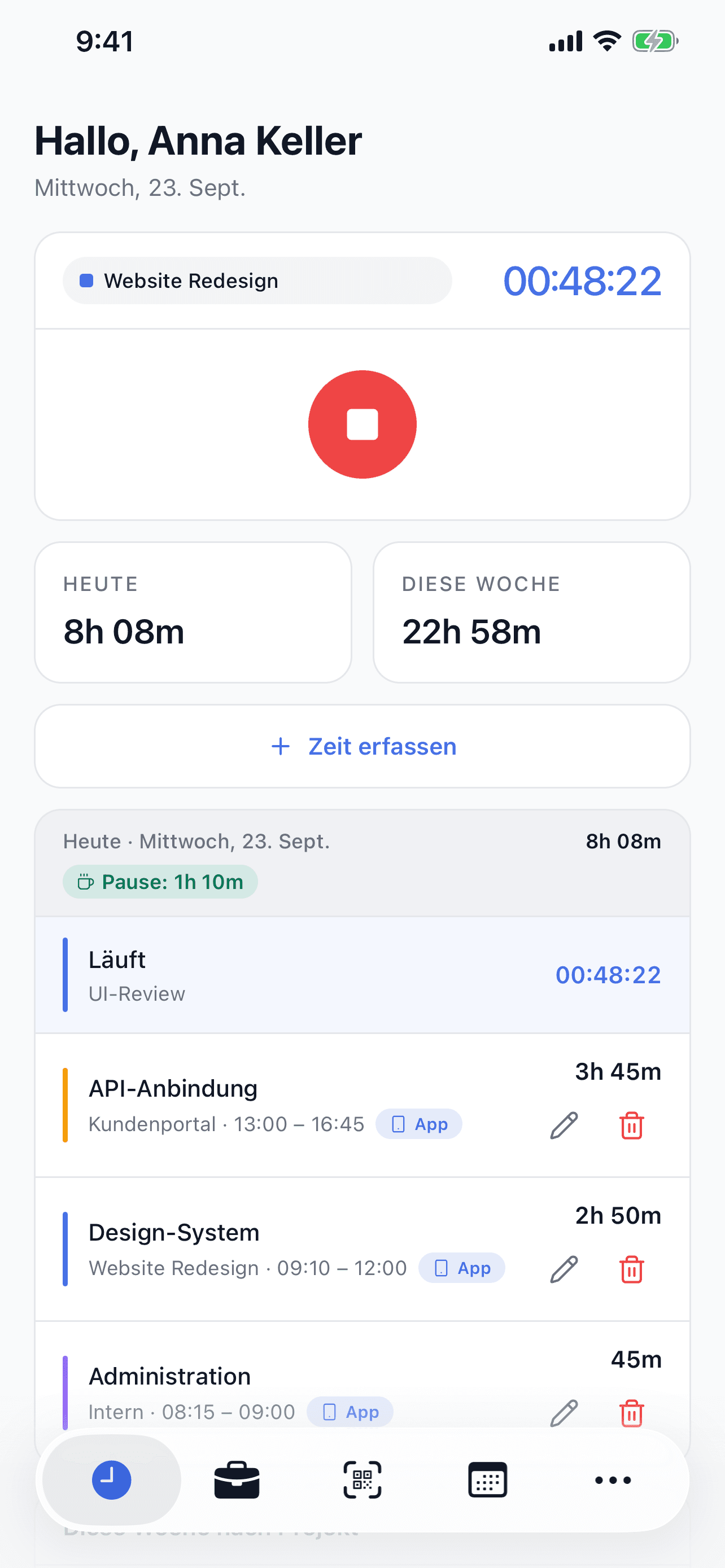 Zytbox Timer mit laufender Zeiterfassung und Tagesübersicht
